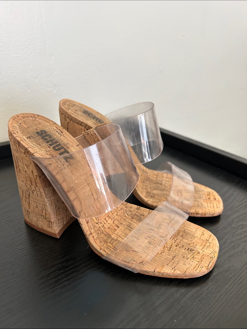 SCHUTZ Clear PVC Double Strap Cork Block Heel Sandals - Natural